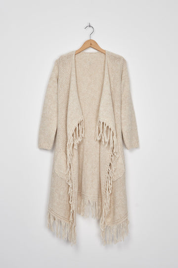 Trend Collection Asymmetrischer Strickmantel mit Fransen One Size / Beige