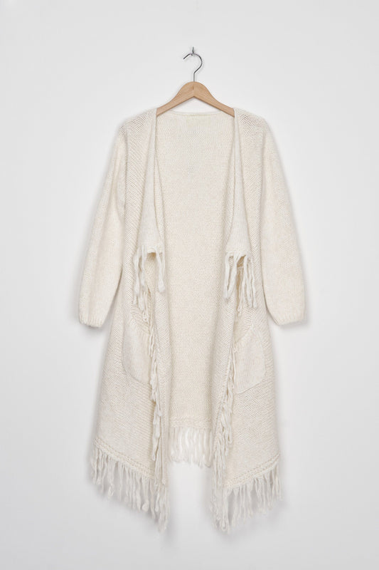 Trend Collection Asymmetrischer Strickmantel mit Fransen One Size / Off-White