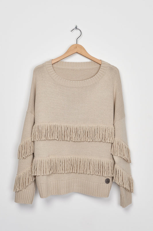 Trend Collection Pullover mit Fransen One Size / Beige