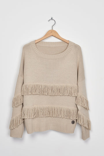 Trend Collection Pullover mit Fransen One Size / Beige