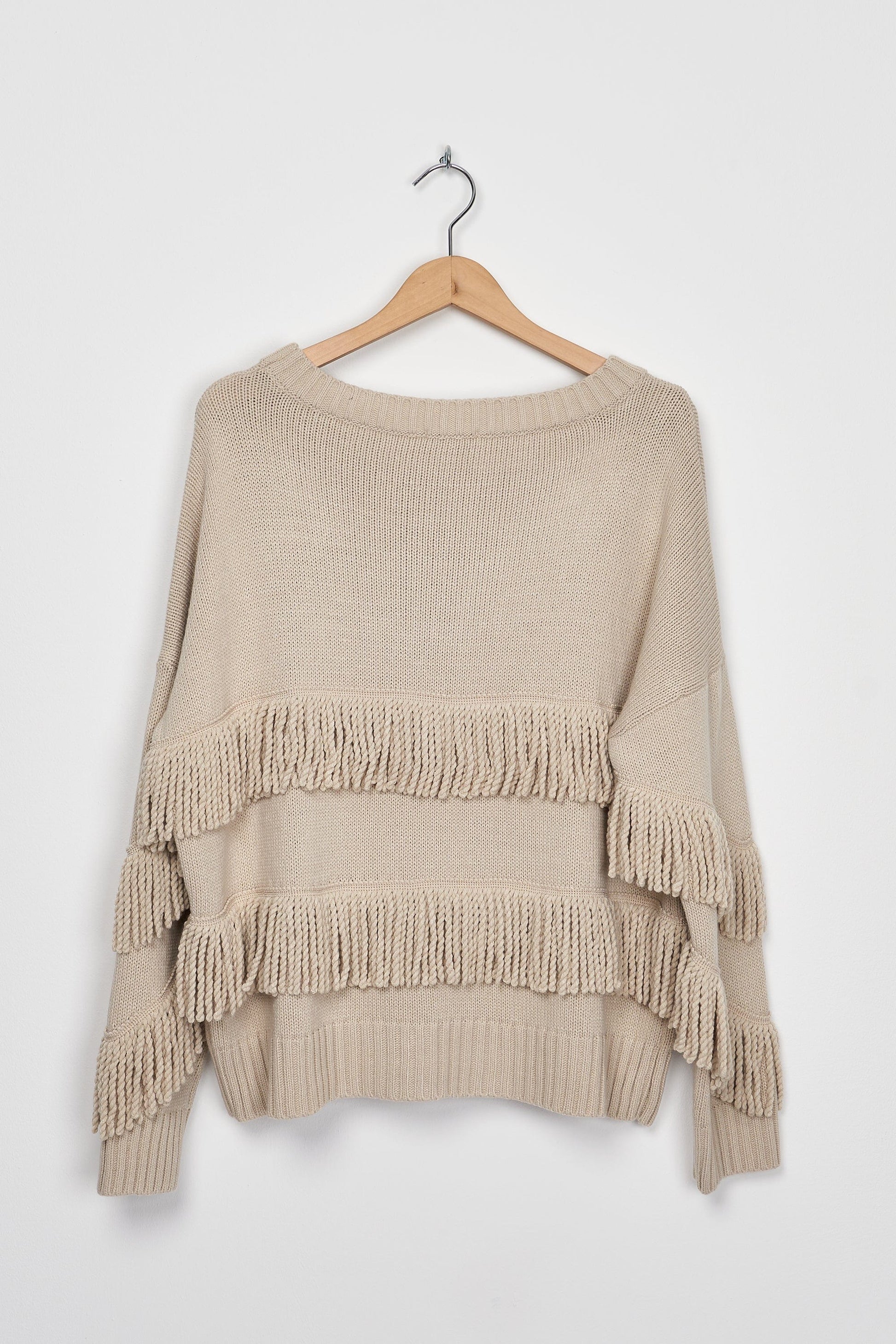 Trend Collection Pullover mit Fransen One Size / Beige