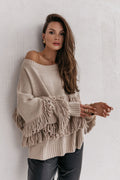 Trend Collection Pullover mit Fransen One Size / Beige