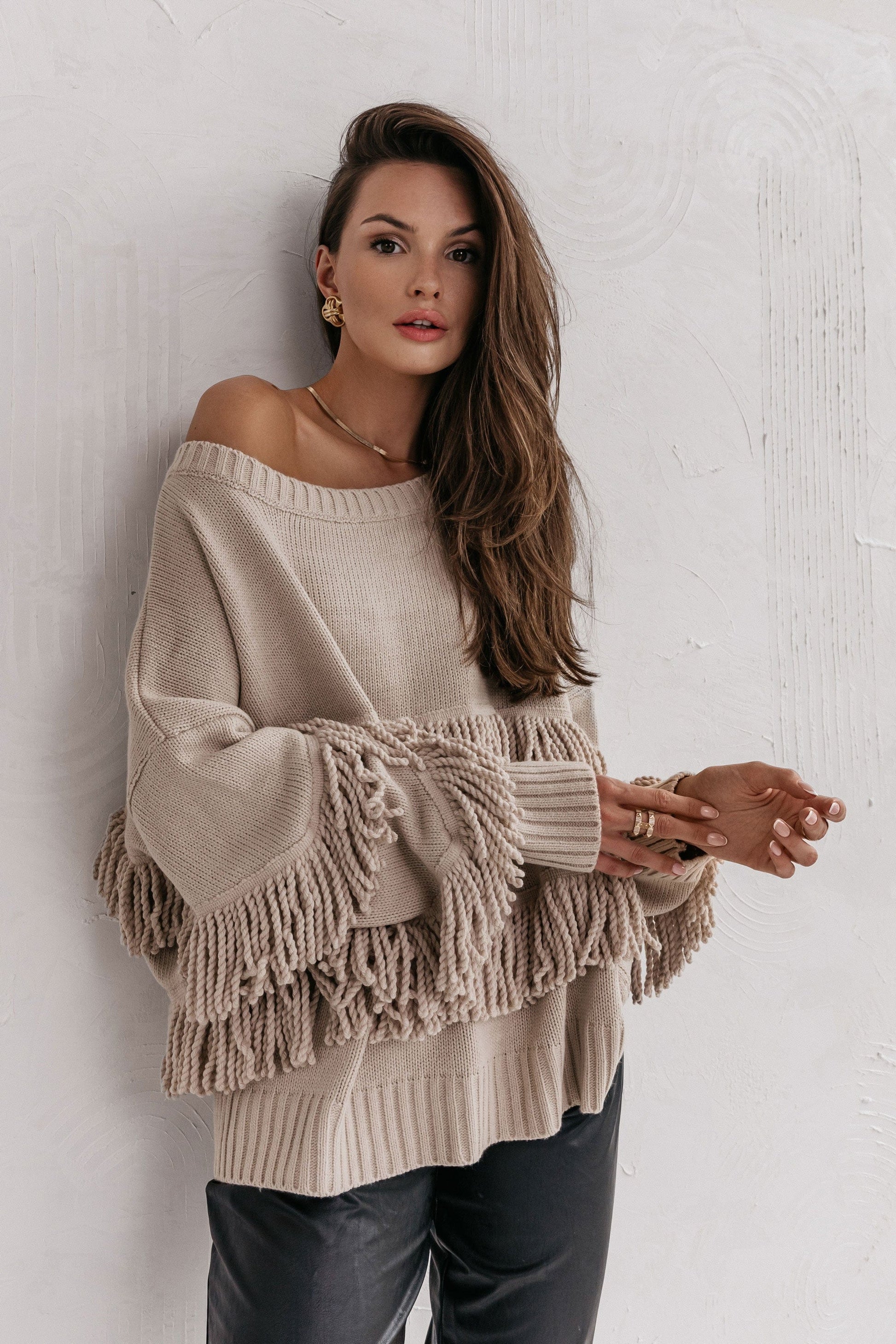 Trend Collection Pullover mit Fransen One Size / Beige