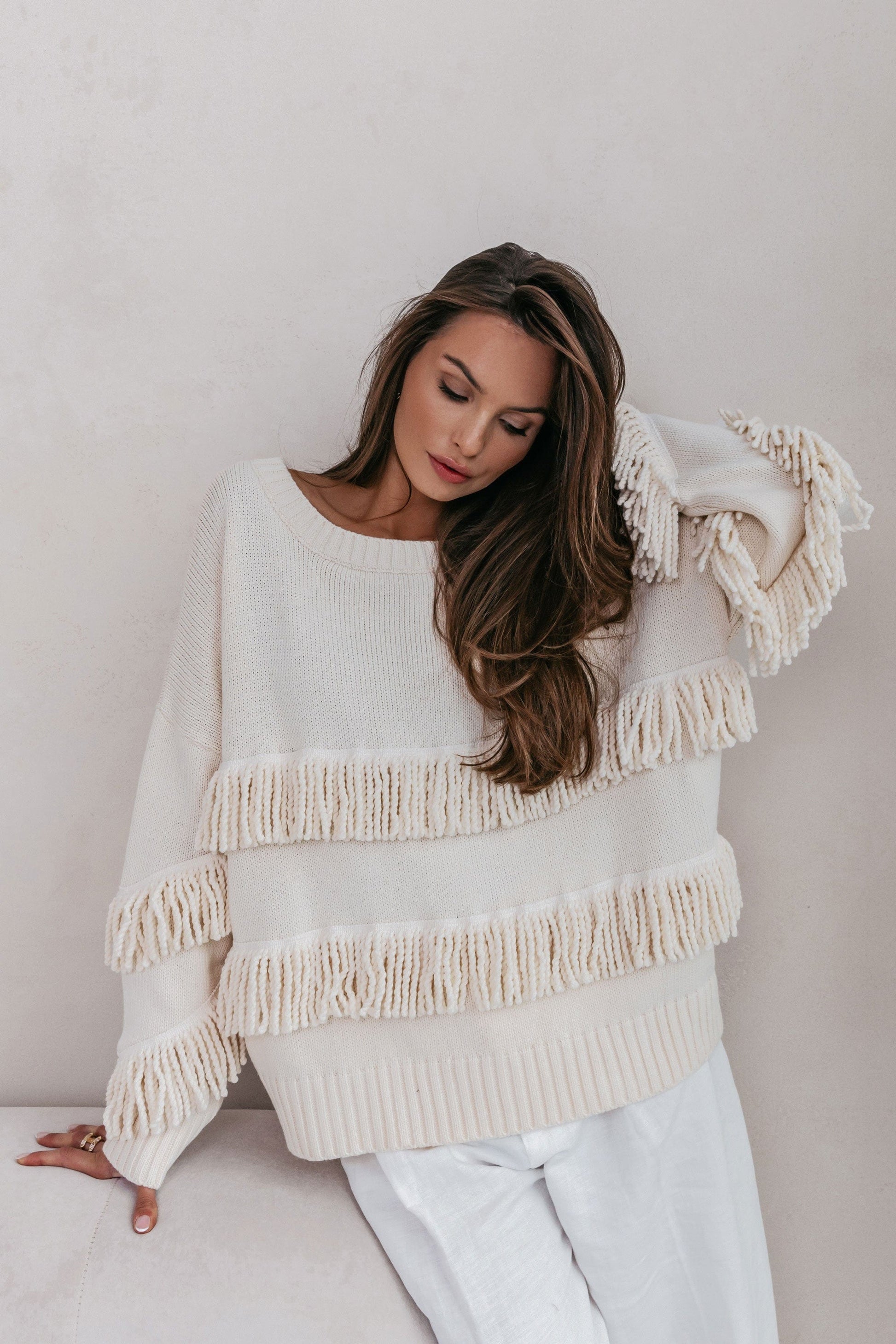 Trend Collection Pullover mit Fransen One Size / Off-White