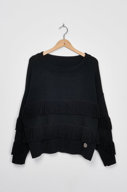 Trend Collection Pullover mit Fransen One Size / Schwarz