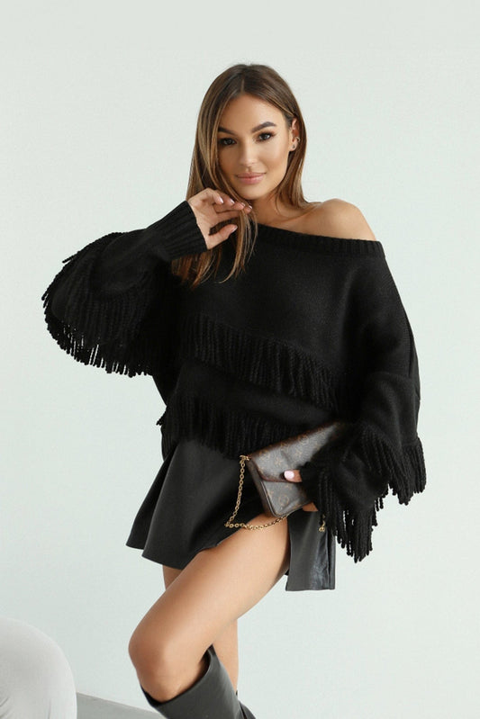Trend Collection Pullover mit Fransen One Size / Schwarz
