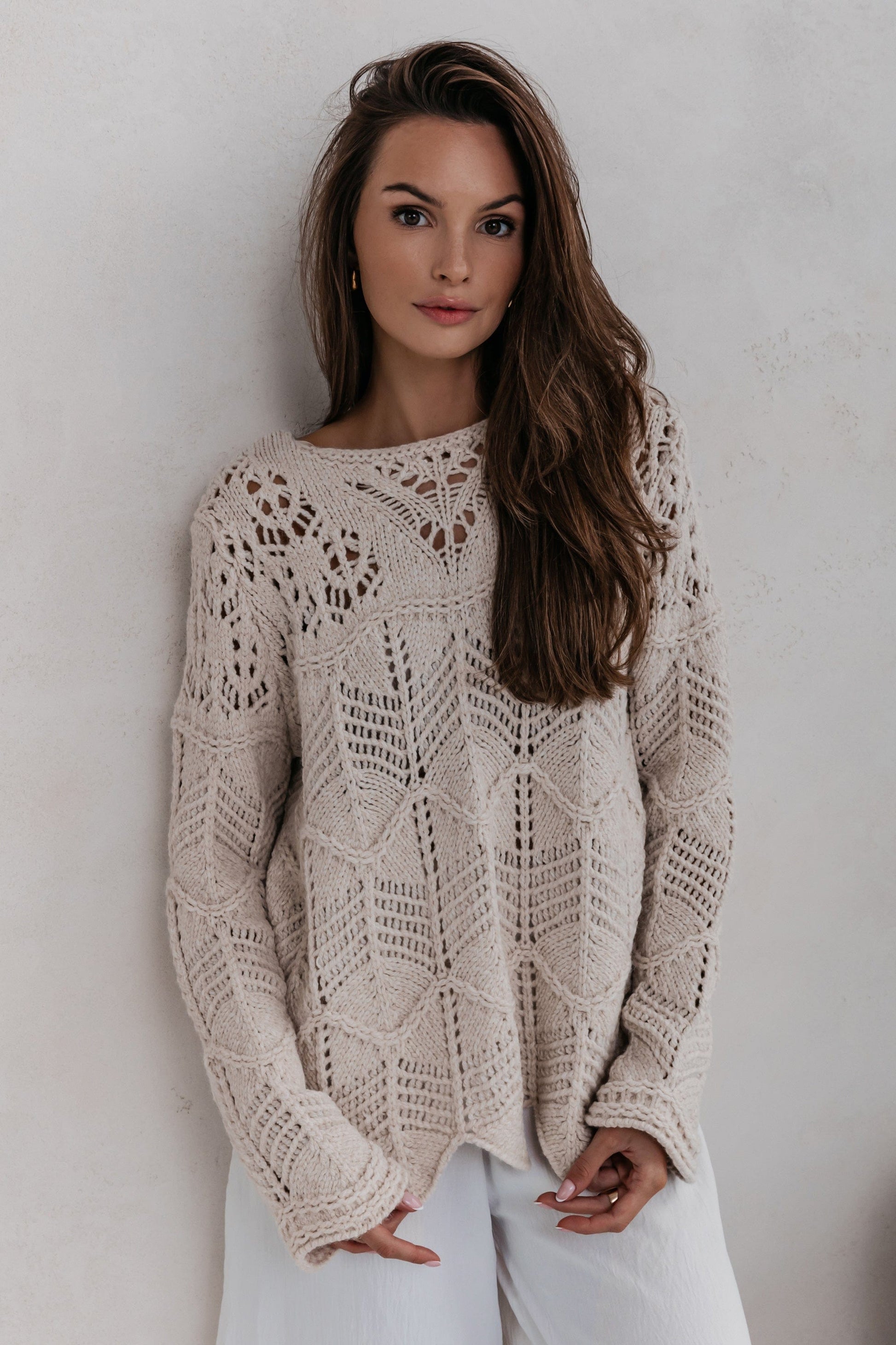 Trend Collection Pullover mit Lochmuster One Size / Beige