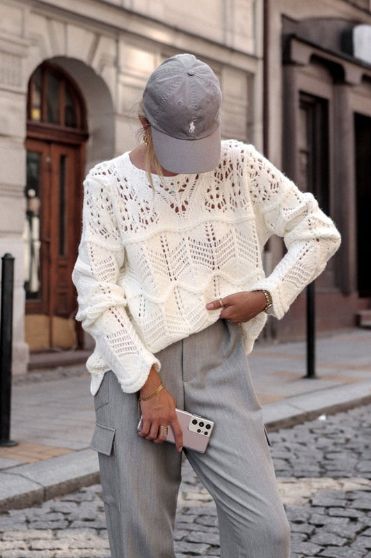 Trend Collection Pullover mit Lochmuster One Size / Weiß