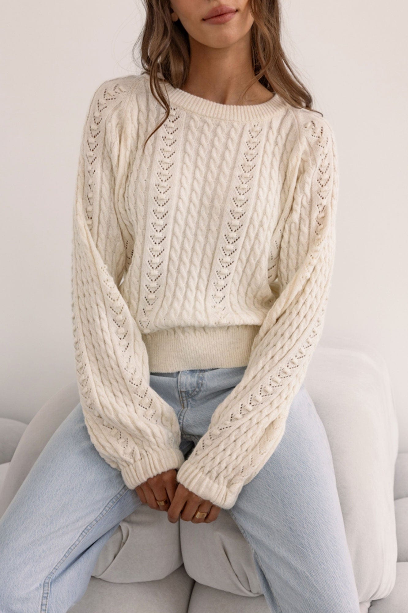 Trend Collection Pullover mit Zopf- und Lochmuster One Size / Off-White